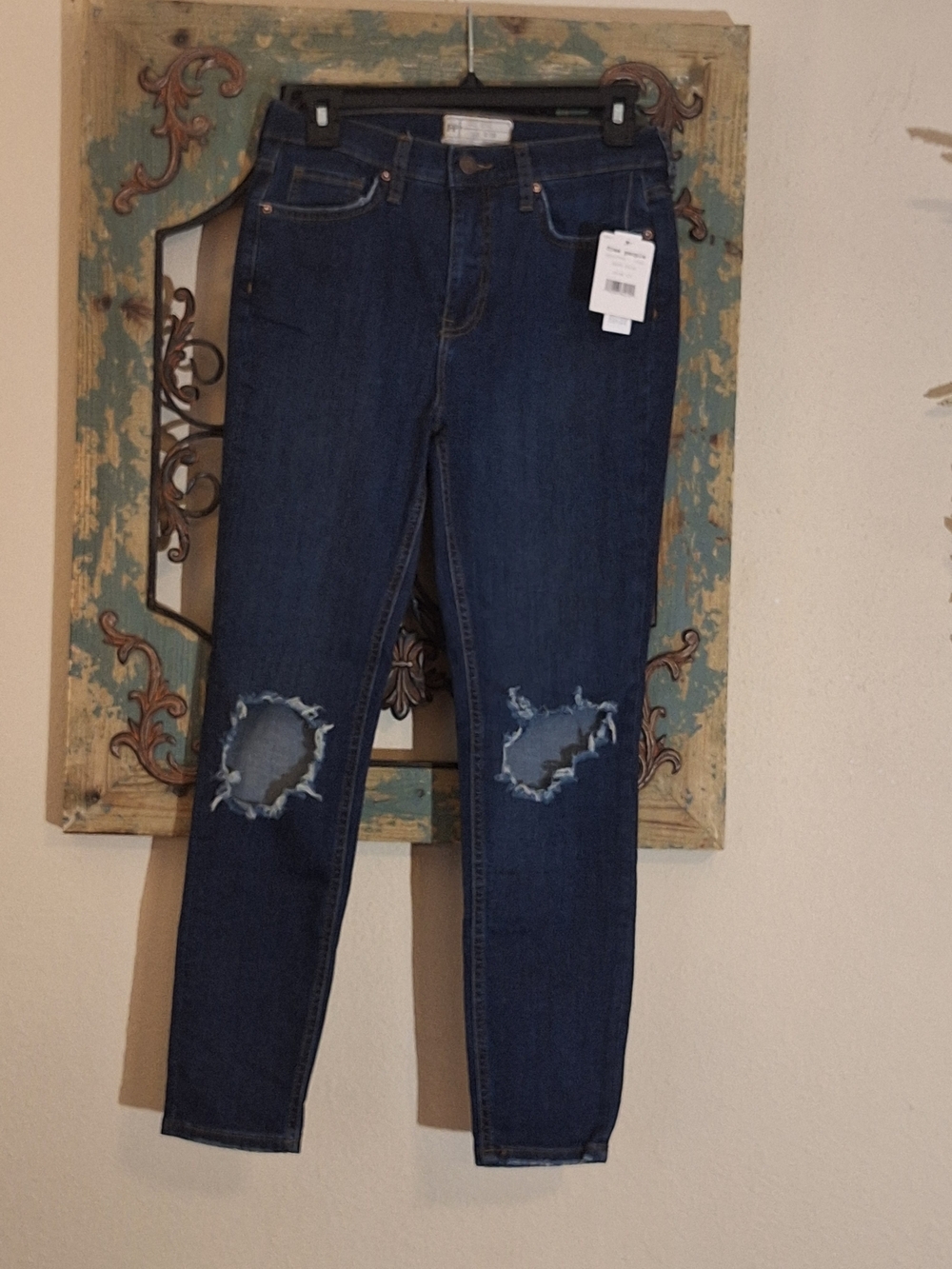 Free People Indigo Skinny Jeans with Distressed Knees